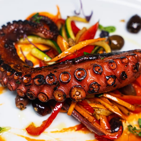 Grilled octopus with charred suckers, served with colorful bell peppers, zucchini, and olives.