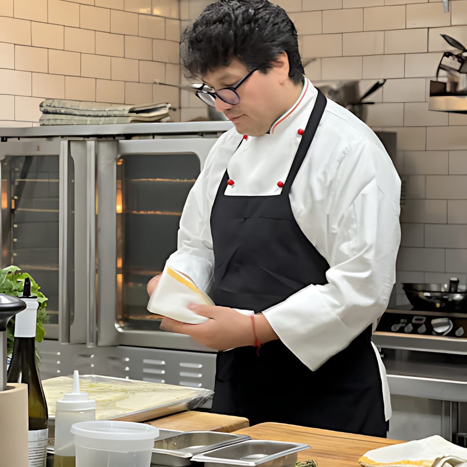 Chef in a white coat and black apron carefully folding a white cloth in a professional kitchen.