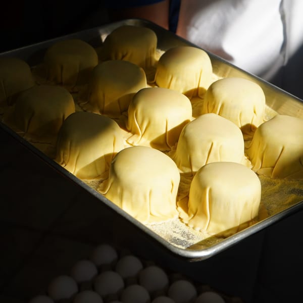 Uncooked Italian pasta, possibly ravioli or agnolotti, on a baking sheet dusted with flour.