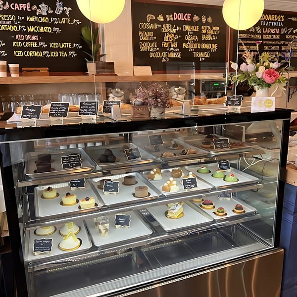 A brightly lit display case at Edoardo's Trattoria filled with various Italian pastries and desserts.